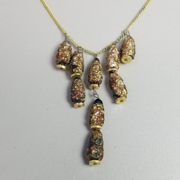 Vintage Black and Brown Glass Bead Drop Fringe Necklace, 16 Inch Chain - Picture 4 of 7